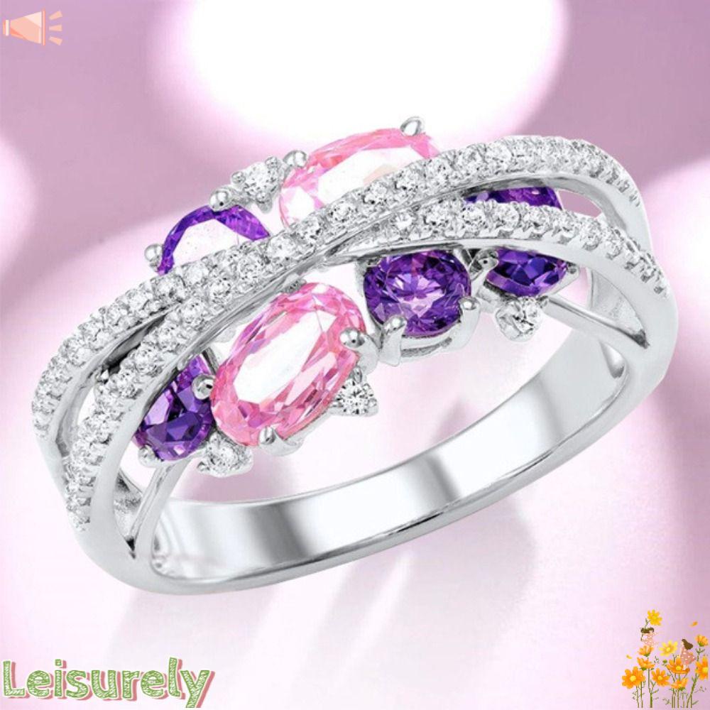 LEILY Nhẫn Đính Hôn Bạc Đính Đá Zircon Màu Hồng / Xanh Dương Cho Nữ