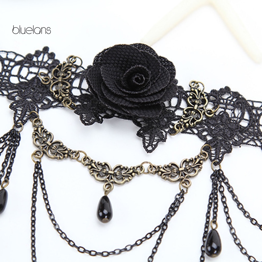 Vòng Cổ Choker Ren Màu Đen Gắn Đá Pha Lê Nhân Tạo Phối Tua Rua Phong Cách Gothic Punk Cho Nữ