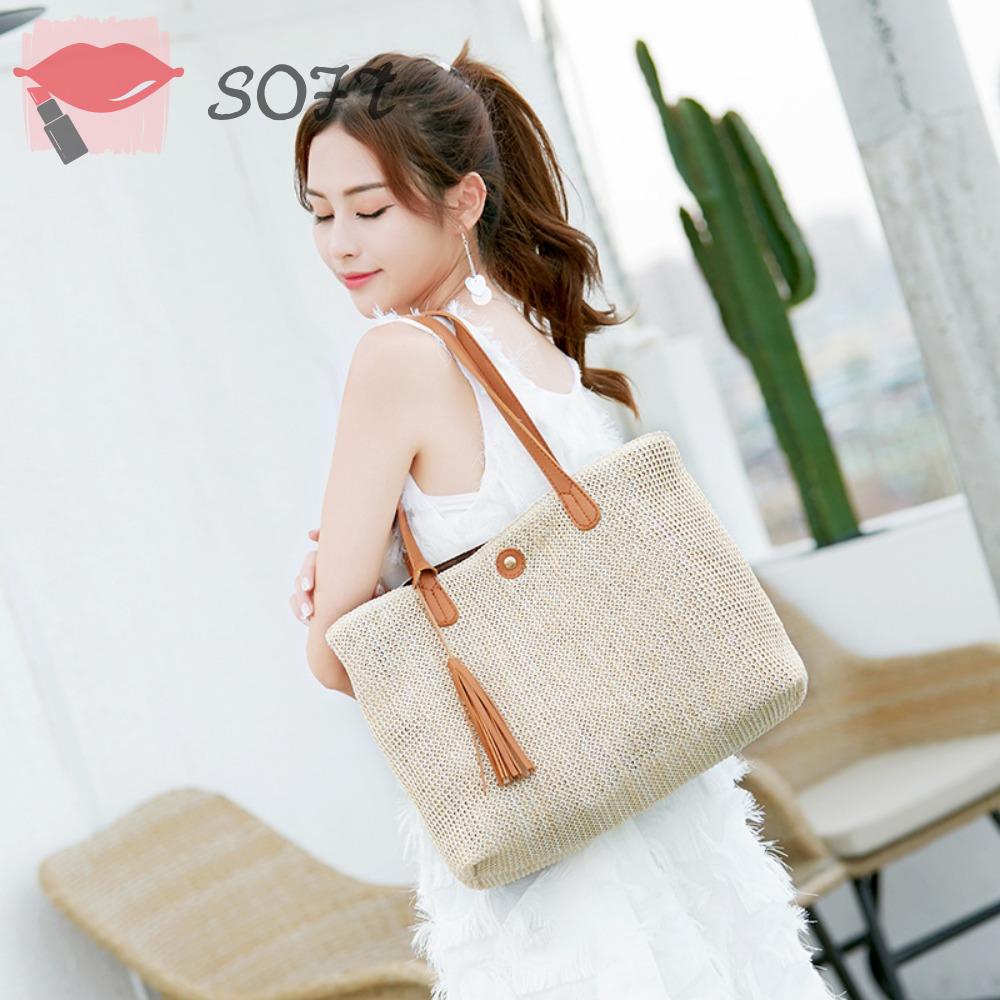 SOFTNESS Túi Xách Đan Lát Sức Chứa Lớn Phong Cách Boho Thời Trang Cho Nữ