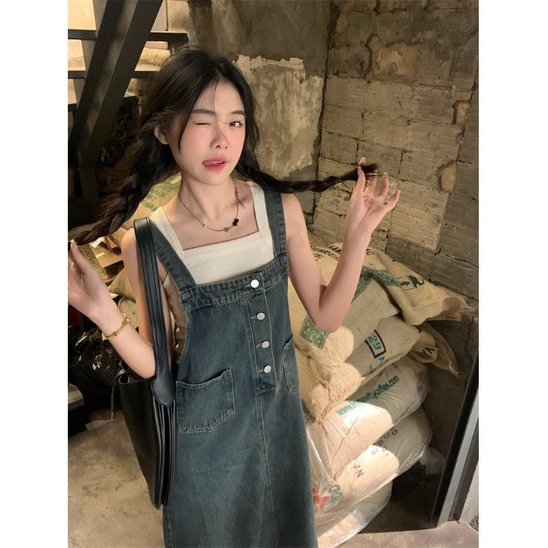 Đầm Yếm Denim Hai Dây Mùa Hè Dáng Rộng Có Túi Phong Cách Retro Mới Cho Nữ Tuổi Trung Niên