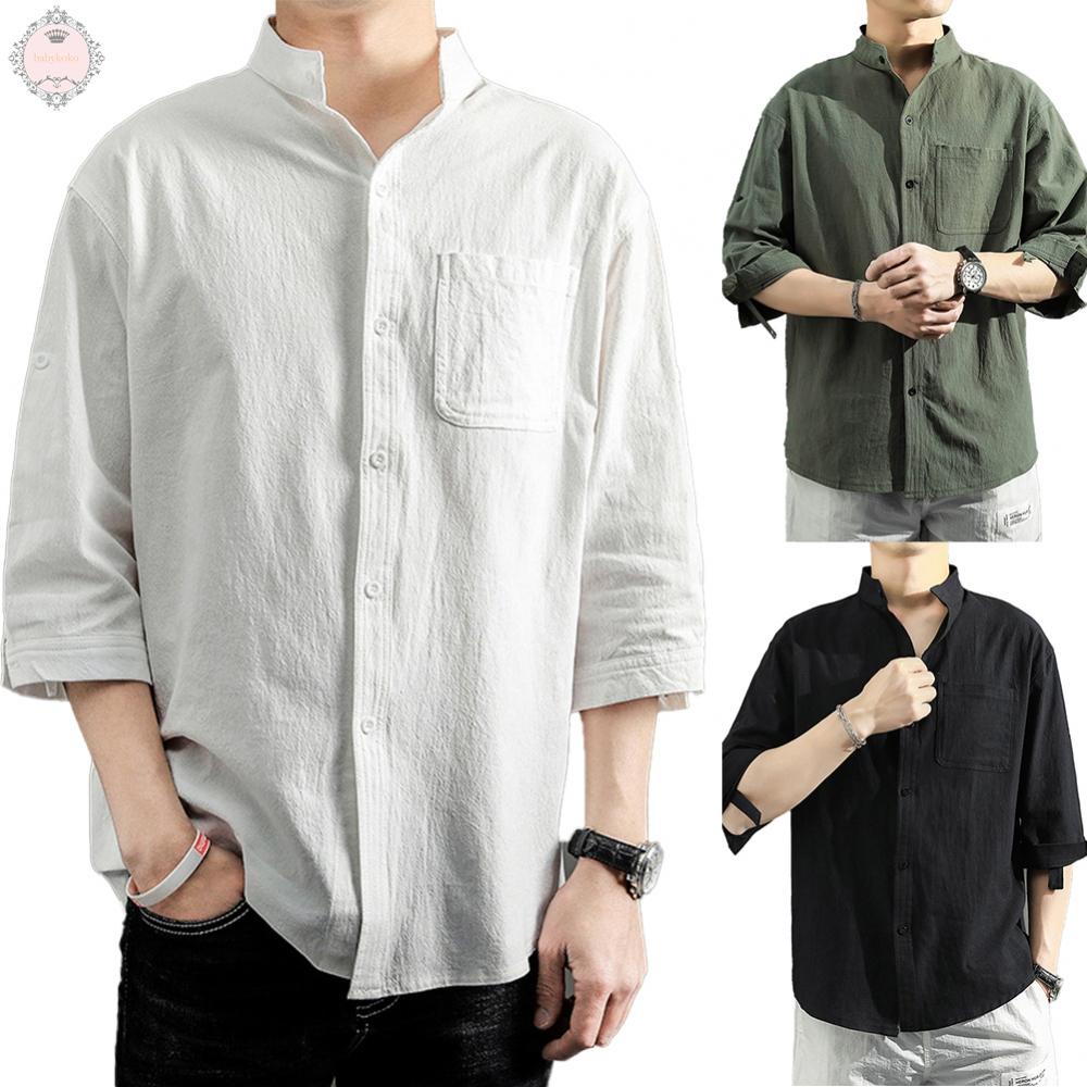 Linen Shirt Casual Fashionable Lapel Collar.Breathable Loose Fit Man Men