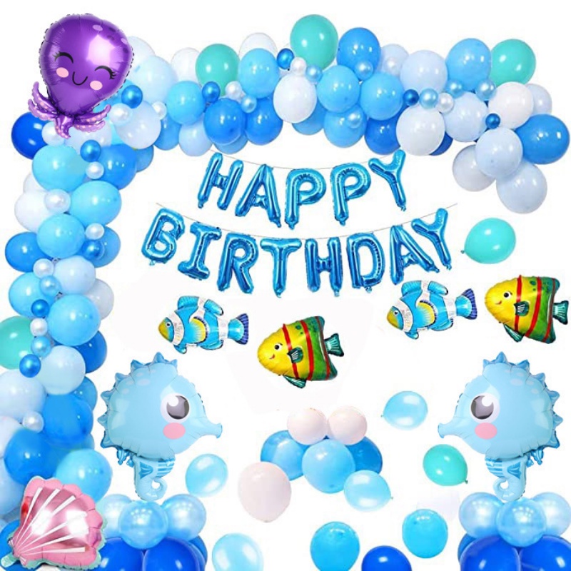 Set 74 Bong Bóng Cao Su Latex Chủ Đề Đại Dương Xanh Dương Và Trắng Trang Trí Tiệc Sinh Nhật Cho Bé Trai