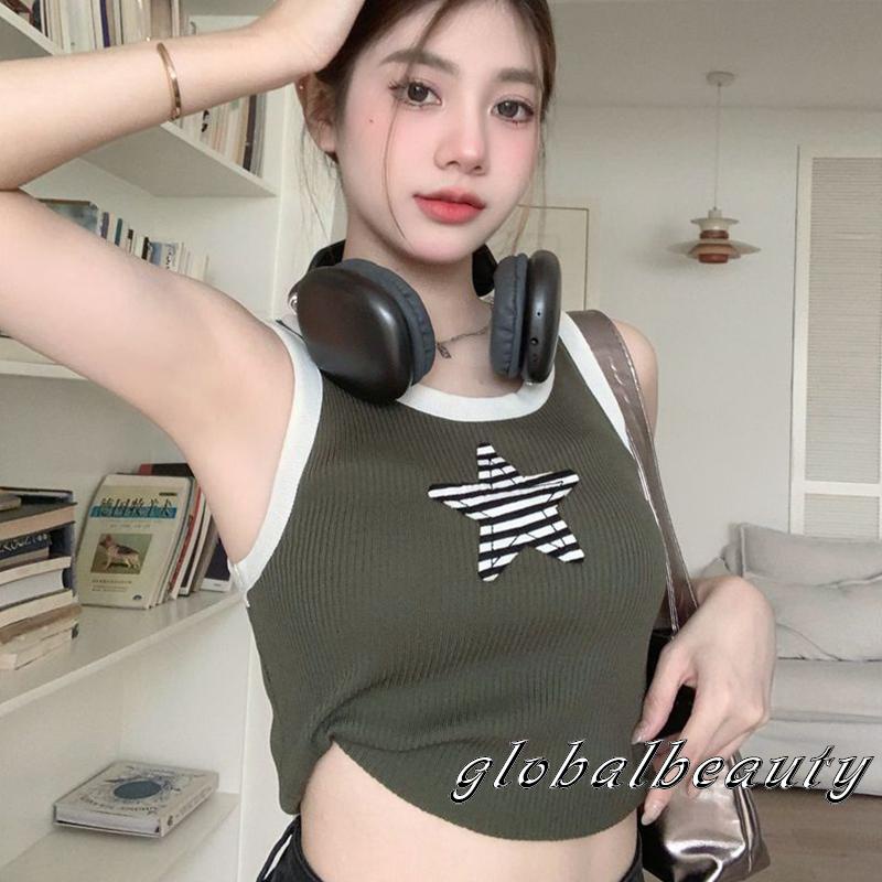 Áo Tank Top Không Tay Cổ Tròn Họa Tiết Kẻ Sọc Ngôi Sao Thời Trang Mùa Hè Cho Nữ