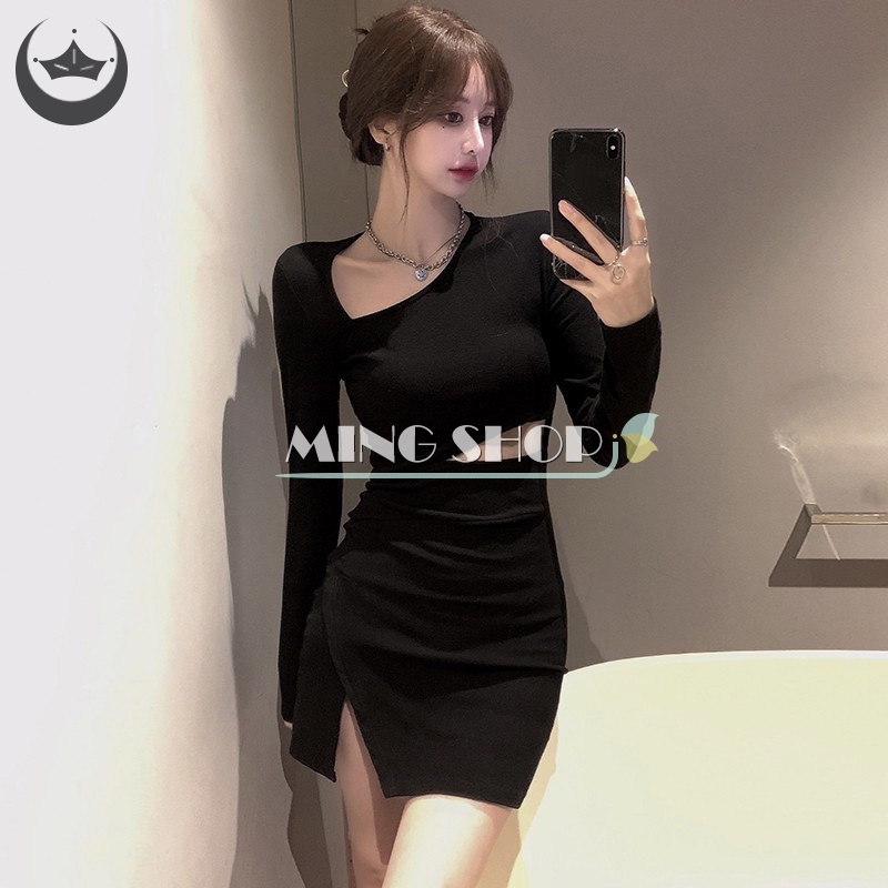 Ming Hotsweet Sheath Đầm Mini Tay Dài Không Đối Xứng Gợi Cảm Đường Phố TH