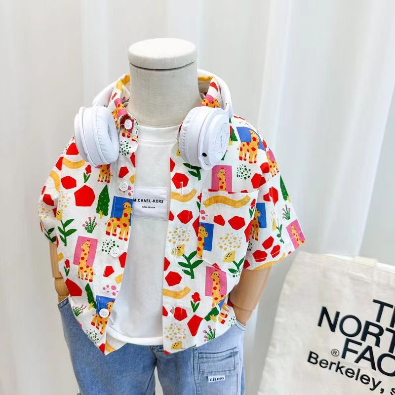 90-140cm Bé Trai Mùa Hè Áo Sơ Mi Hoa Tay Ngắn Phong Cách Mới Trẻ Em Hoạt Hình Thường Ngày Ve Áo Sơ Mi Bé Trai Đẹp Trai Top Mỏng