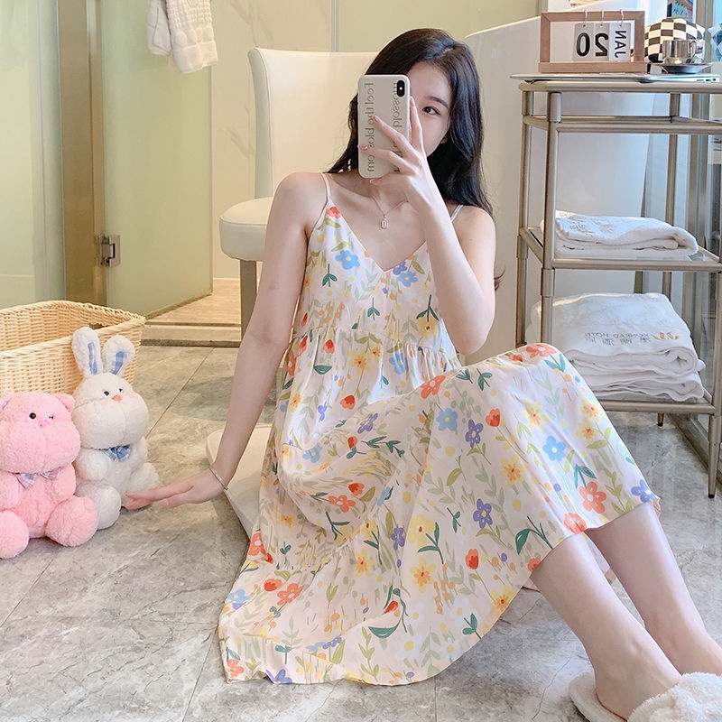 Đầm Ngủ Hai Dây Bằng Lụa Cotton Mỏng Họa Tiết Hoa Gợi Cảm Thời Trang Mùa Hè Hàng Mới Dành Cho Bạn Nữ
