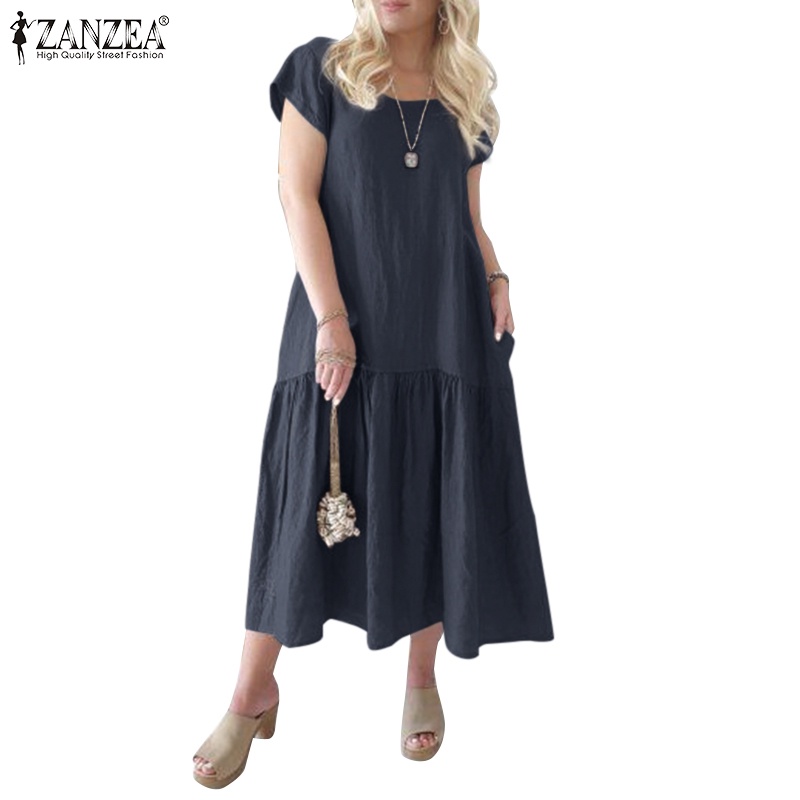 Zanzea Đầm Đuôi Cá Ngắn Tay Cổ Tròn Phong Cách Vintage Nữ Tính