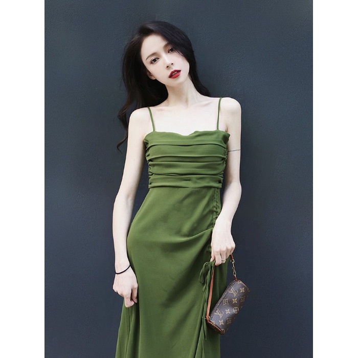 Váy 2 dây dáng dài chun lưng phong cách Váy xếp li kiểu Pháp mùa hè Tea Break Orange Terrier Sling váy dài