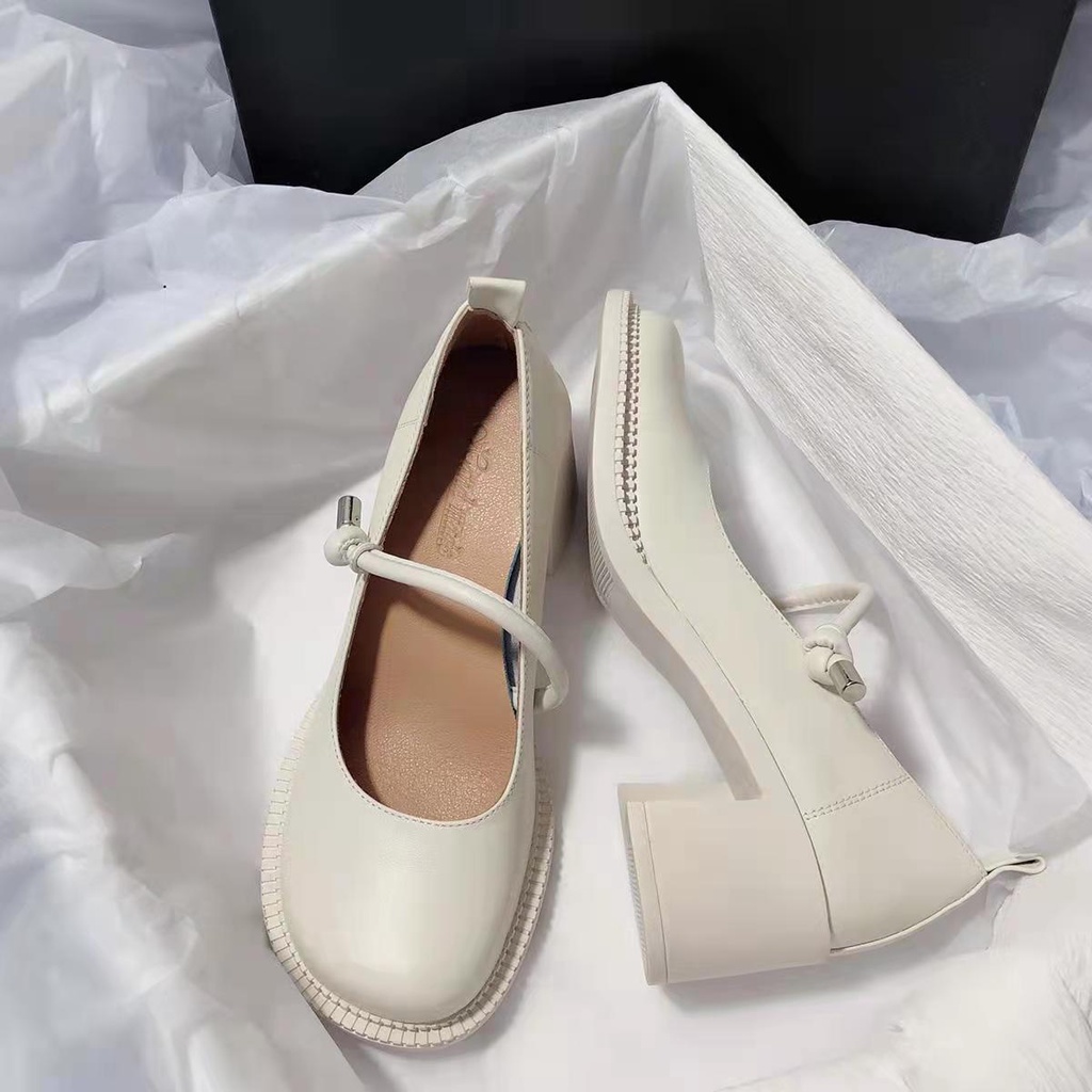 Giày Da Cao Gót Mũi Tròn Phong Cách Retro Cho Nữ