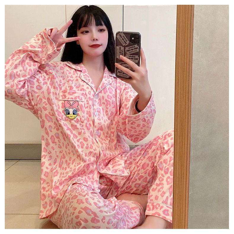 Bộ Đồ Ngủ Bằng Cotton Nguyên Chất Tay Ngắn In Hình Báo Hồng Dễ Thương Thời Trang Mùa Hè Cho Nữ
