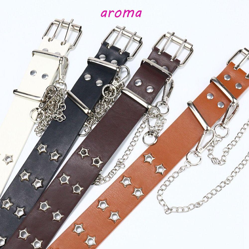 AROMA Thắt Lưng Da PU Hai Lớp Phối Dây Xích Phong Cách Punk Hàn Quốc Cá Tính Cho Nam Nữ