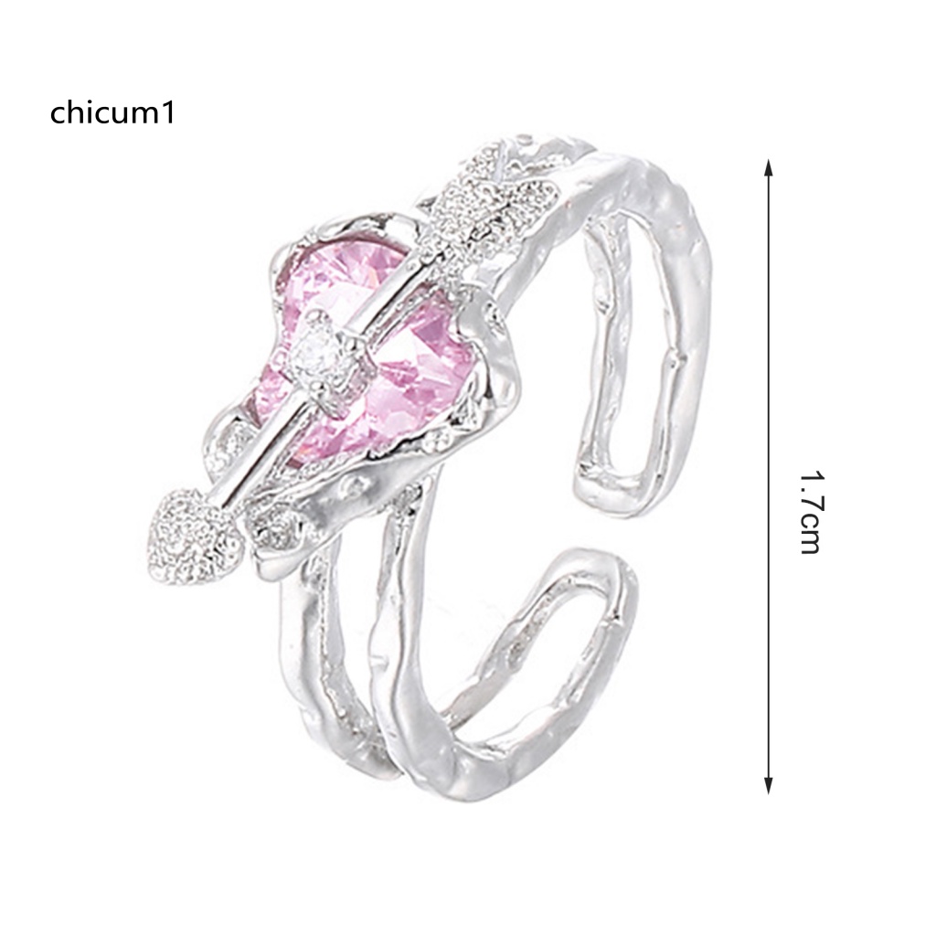 Nhẫn Đeo Tay CC Hai Lớp Bắt Mắt Thiết Kế Dạng Hở Màu Hồng Đính Pha Lê Nhân Tạo Hình Mũi Tên Xuyên Qua Trái Tim Thời Trang Có Thể Điều