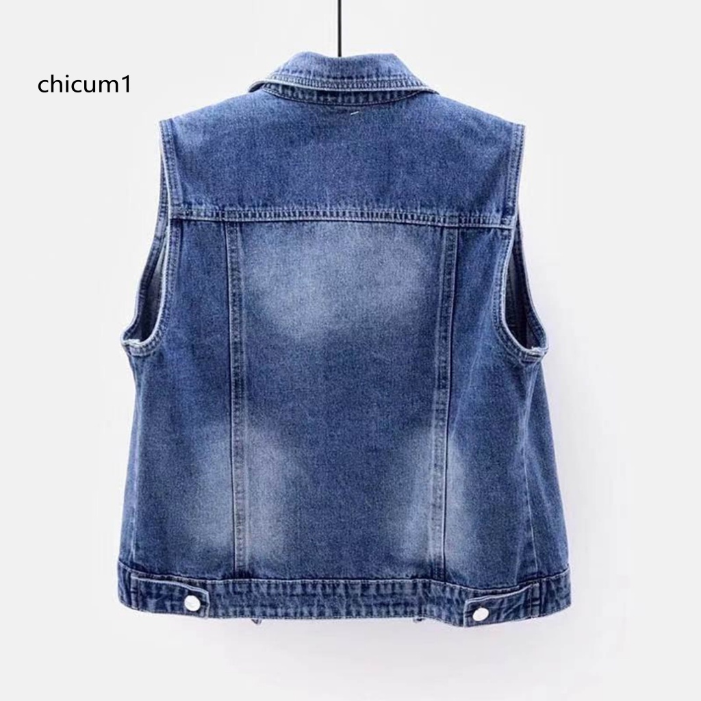 Áo Khoác Denim Không Tay Một Hàng Nút Màu Trơn Phối Lỗ Rách Đính Hạt Trang Trí Thời Trang Đường Phố Cho Nữ