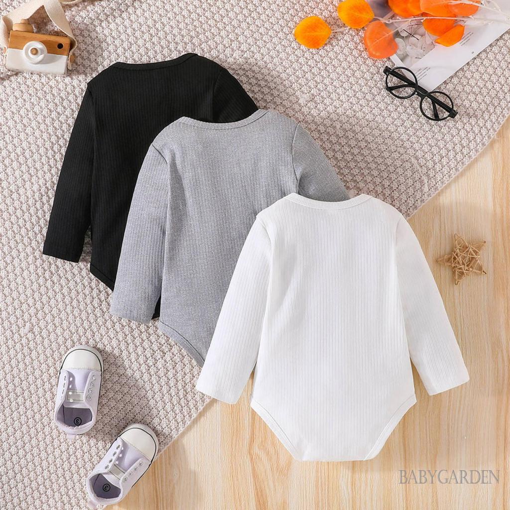 Set 3 Áo Liền Quần Tay Dài Cổ Tròn Màu Trắng Đen Dành Cho Bé Trai 0-18 Tháng Tuổi