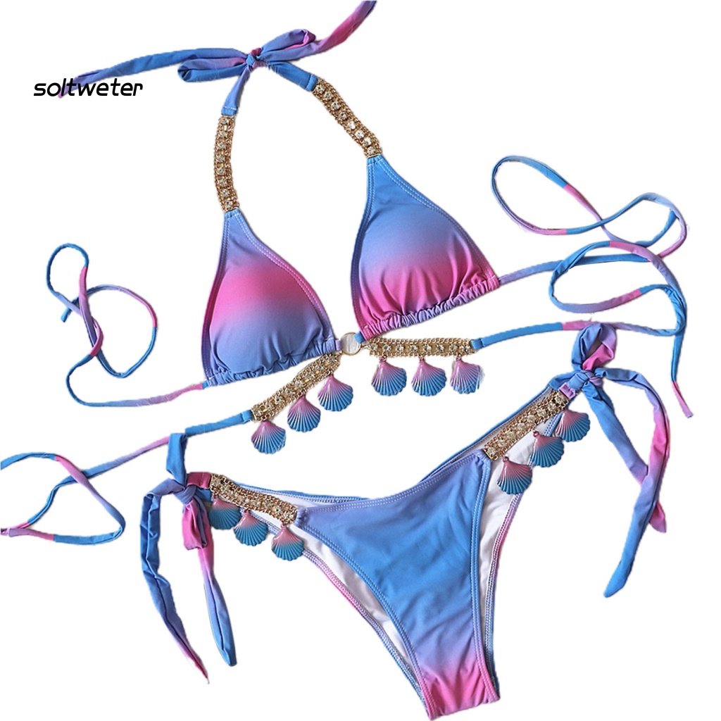 Bộ Bikini 2 Mảnh Cổ Yếm Hình Vỏ Sò Màu Gradient Bắt Mắt Dành Cho Nữ