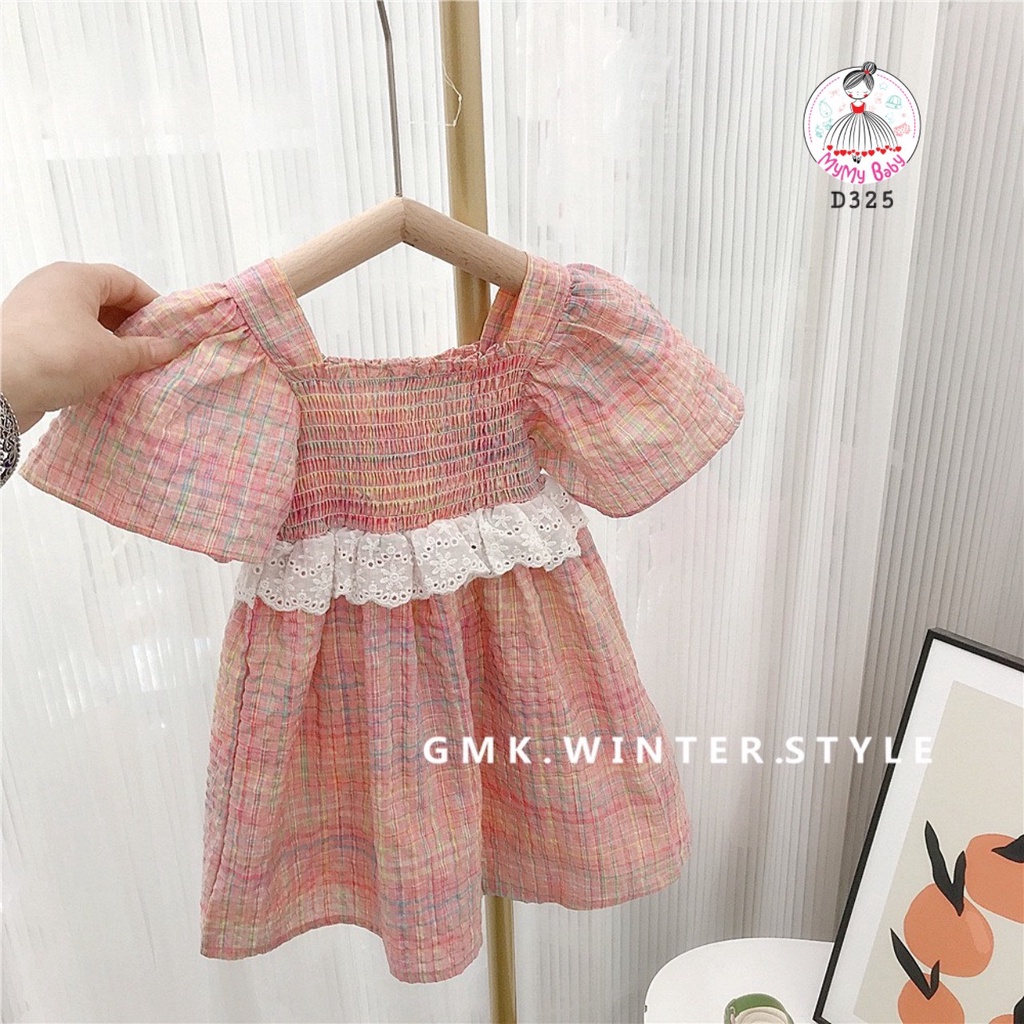 Đầm caro hồng bo chun phối ren giữa eo sành điệu