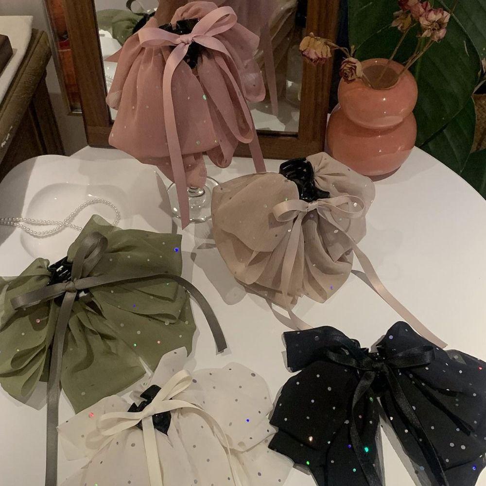 ANEMONE Kẹp Tóc Nơ Lưới Y2K Đính Kim Sa Lấp Lánh Kiểu Hàn Quốc Cho Đuôi Ngựa