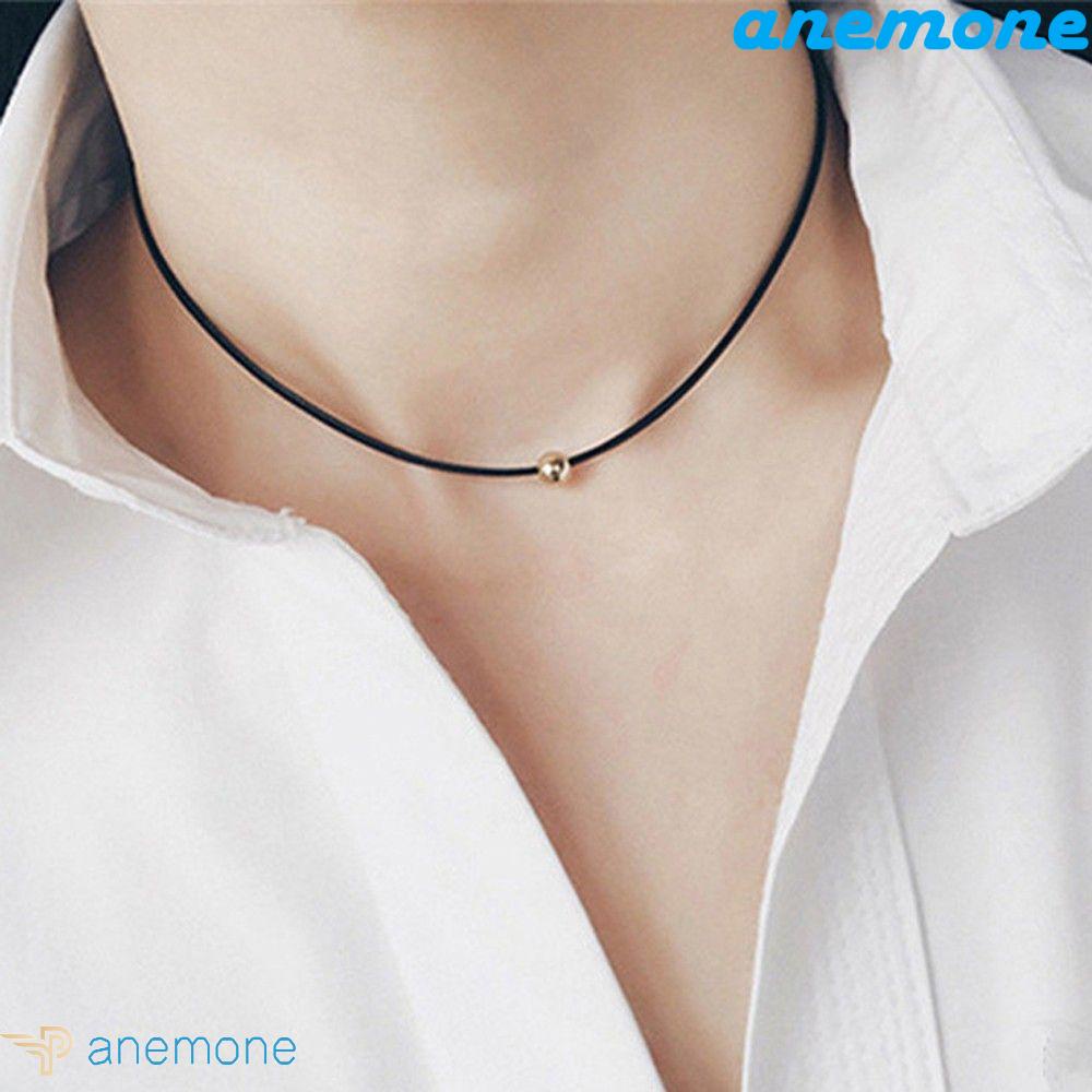 ANEMONE Vòng Cổ Dây Da Mỏng Mặt Quả Cầu Nhỏ Mạ Bạc Phong Cách Harajuku Cổ Điển Đen