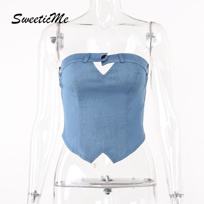 Áo Ống Màu Trơn Dáng Ôm Chất Liệu Denim Thời Trang 2023 Quyến Rũ Cho Nữ