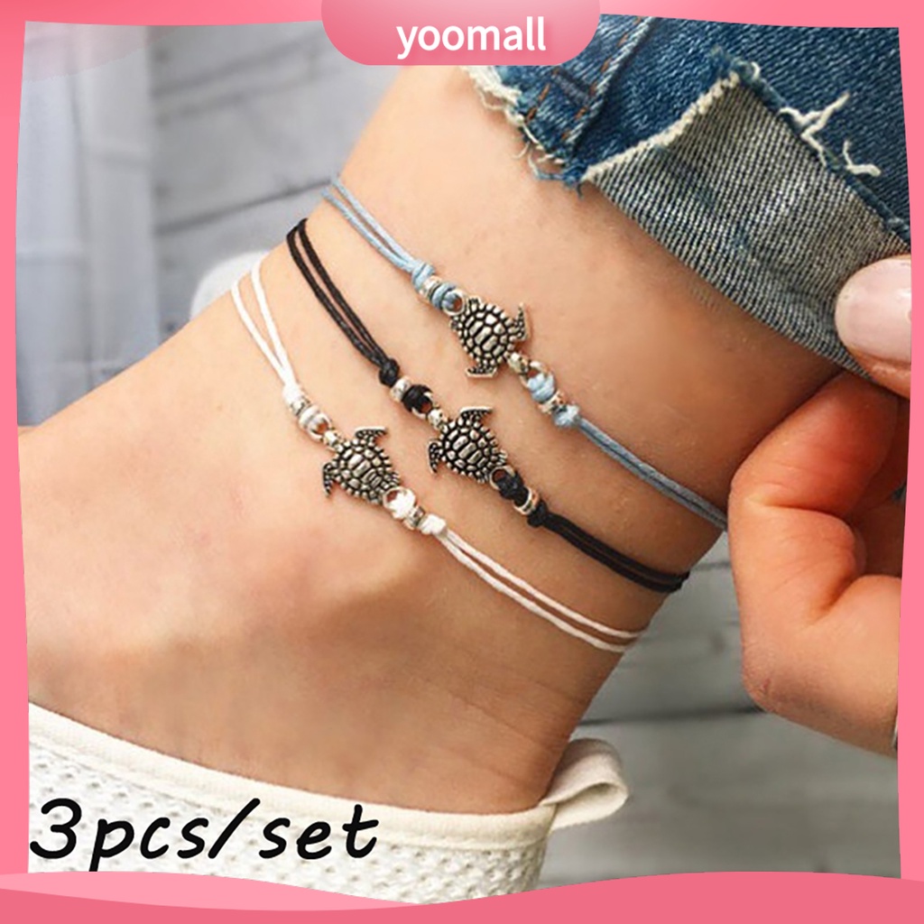 Set 3 Lắc Chân Mặt Hình Rùa Nhiều Màu Sắc Thời Trang Cho Nữ