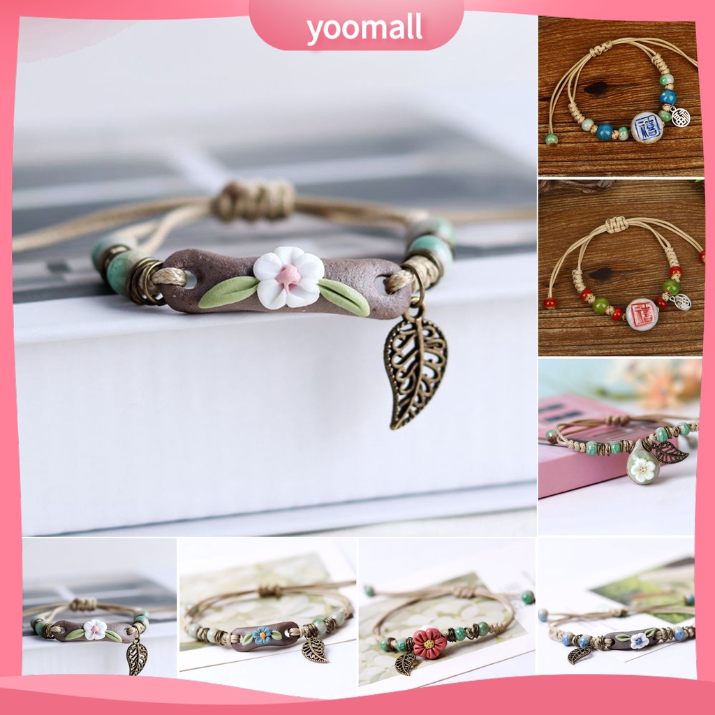 [YM] Vòng Đeo Tay Dây Bện Gắn Hạt Gốm Lá Rỗng Có Thể Điều Chỉnh Làm Quà Tặng Trang Sức Thời Trang Cho Nữ Sinh