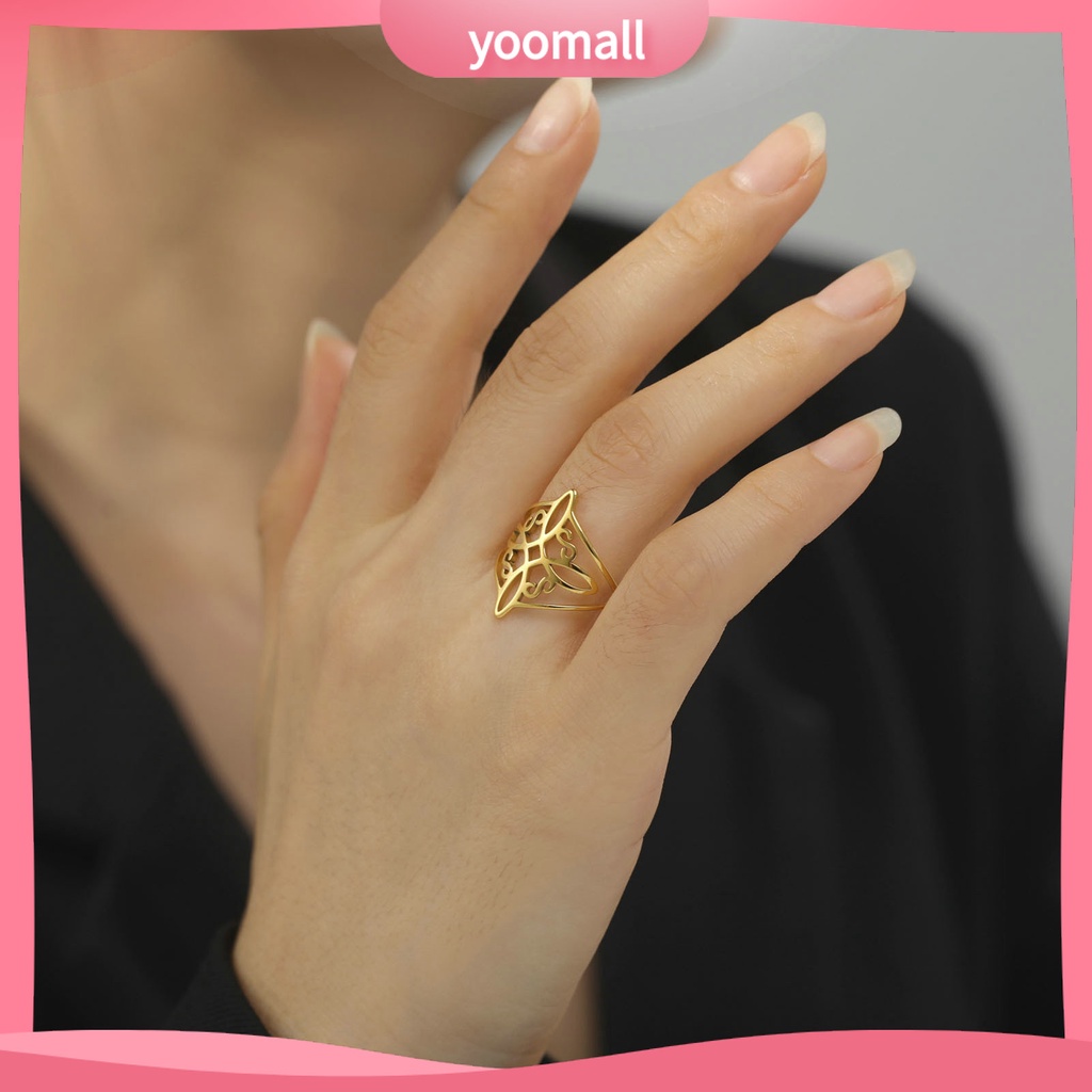 [YM] Nhẫn Thép Không Gỉ Họa Tiết Hình Học Rỗng Mạ Điện Sáng Mịn Màng Thắt Nút Phù Thủy Mặc Hàng Ngày Cho Nữ
