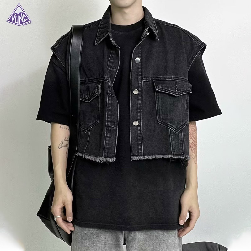 Áo khoác denim VUNC không tay dáng rộng phong cách cổ điển thời trang cho nam