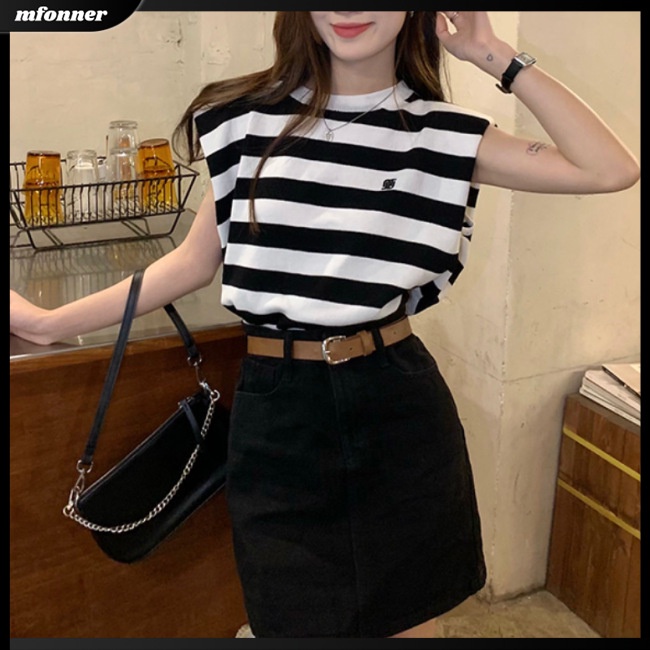 Áo Sát Nách Cổ Tròn Kẻ Sọc Ngang Vải Lụa Mát Thời Trang Thể Thao Mùa Hè Cho Nữ