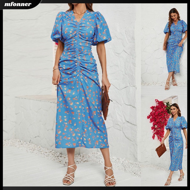 Đầm Tay Ngắn Phồng Cổ Chữ V Dáng Ôm In Họa Tiết Hoa Tinh Tế Thời Trang Cho Nữ