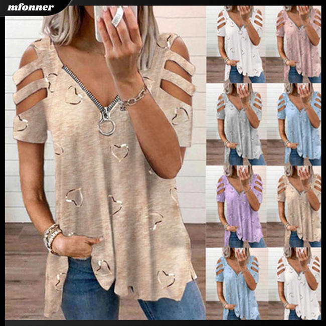 Áo Thun Tay Ngắn Dáng Rộng Cổ Chữ V Có Khóa Kéo In Họa Tiết Thanh Lịch Cho Bạn Gái