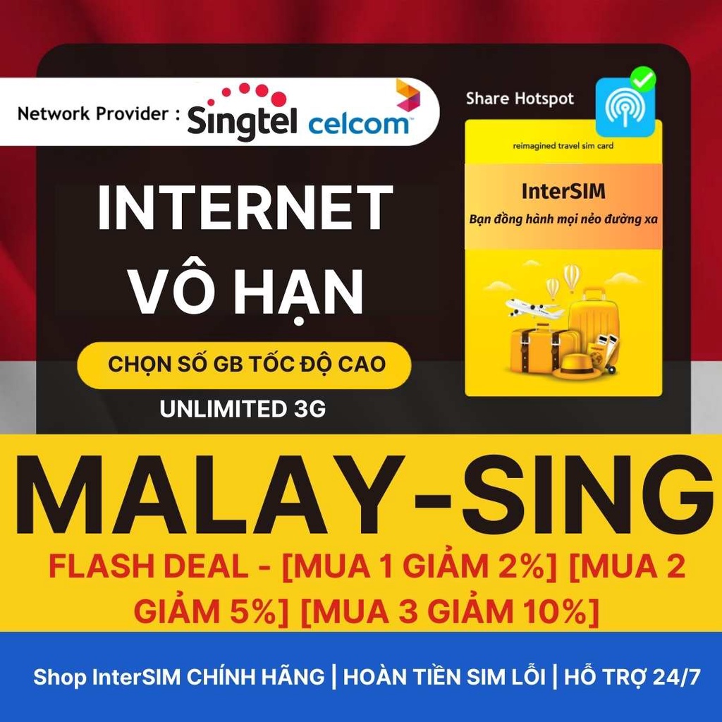 【Sim du lịch Singapore Malaysia】【Nhà mạng Singtel/Celcom】【Internet tốc độ cao 4G / 5G】Sim Du Lịch InterSIM