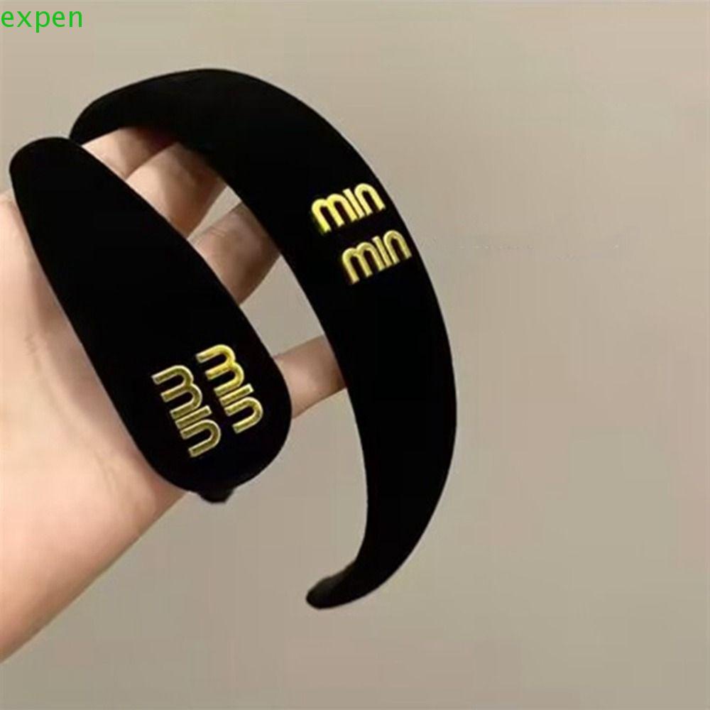 EXPEN Băng đô cài tóc rửa mặt Bằng Nhung Màu Đen In Chữ Kim Loại Phong Cách Hàn Quốc