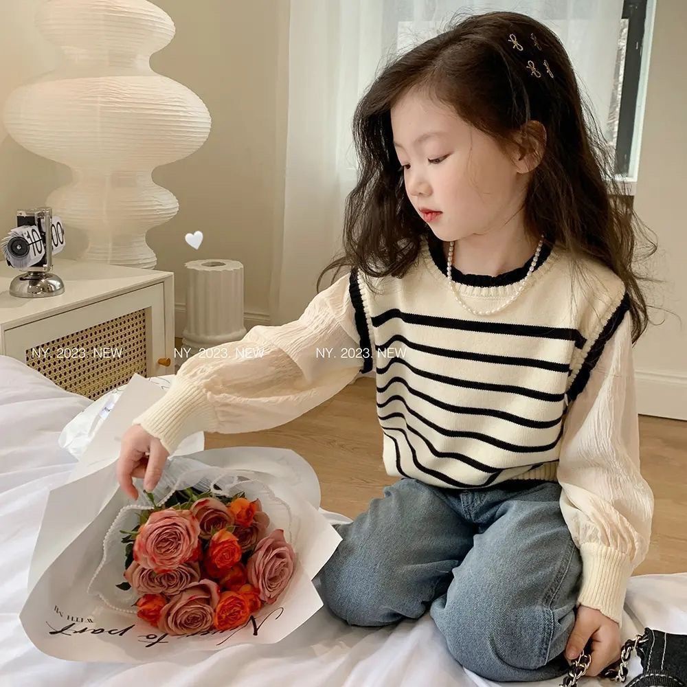 Bé gái dệt kim trẻ em sọc dài tay áo sơ mi dệt kim