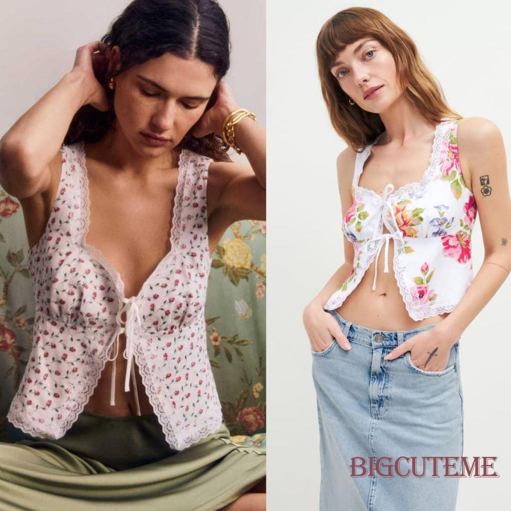 Áo Tank Top Không Tay In Hoa Phối Ren Thời Trang Mùa Hè Cho Nữ