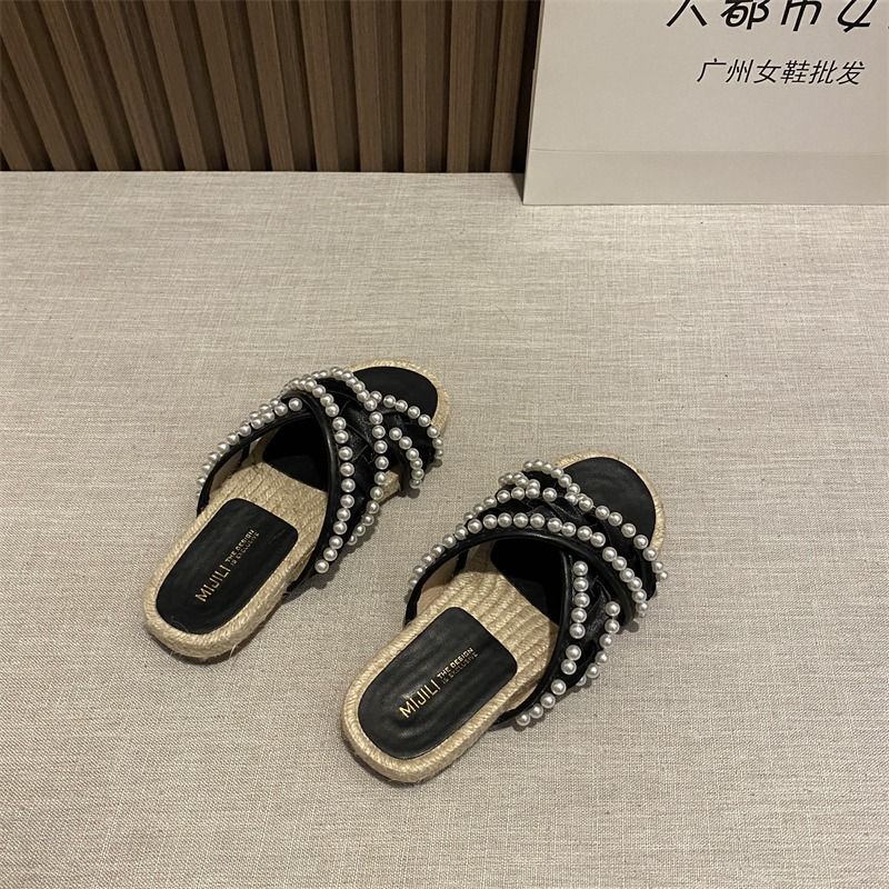 Dép Cói Đế Bằng Quai Chéo Đính Ngọc Trai Thời Trang Dành Cho Nữ