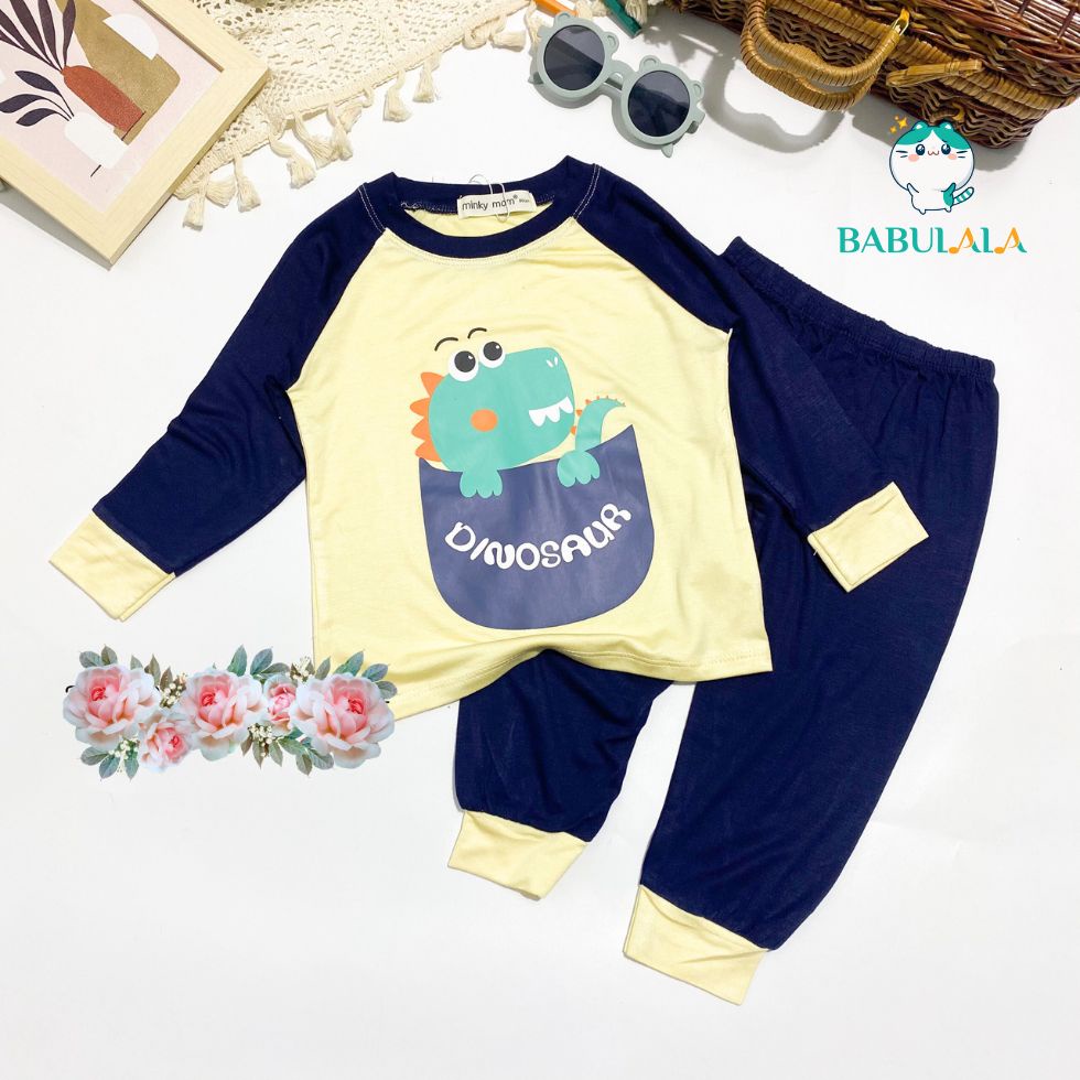 Đồ Bộ Tay Dài Thun Lạnh Minky Mom Chính Hãng Hình Khủng Long Hươu Gấu Cho Bé Trai Bé Gái 8-20kg - Babulala