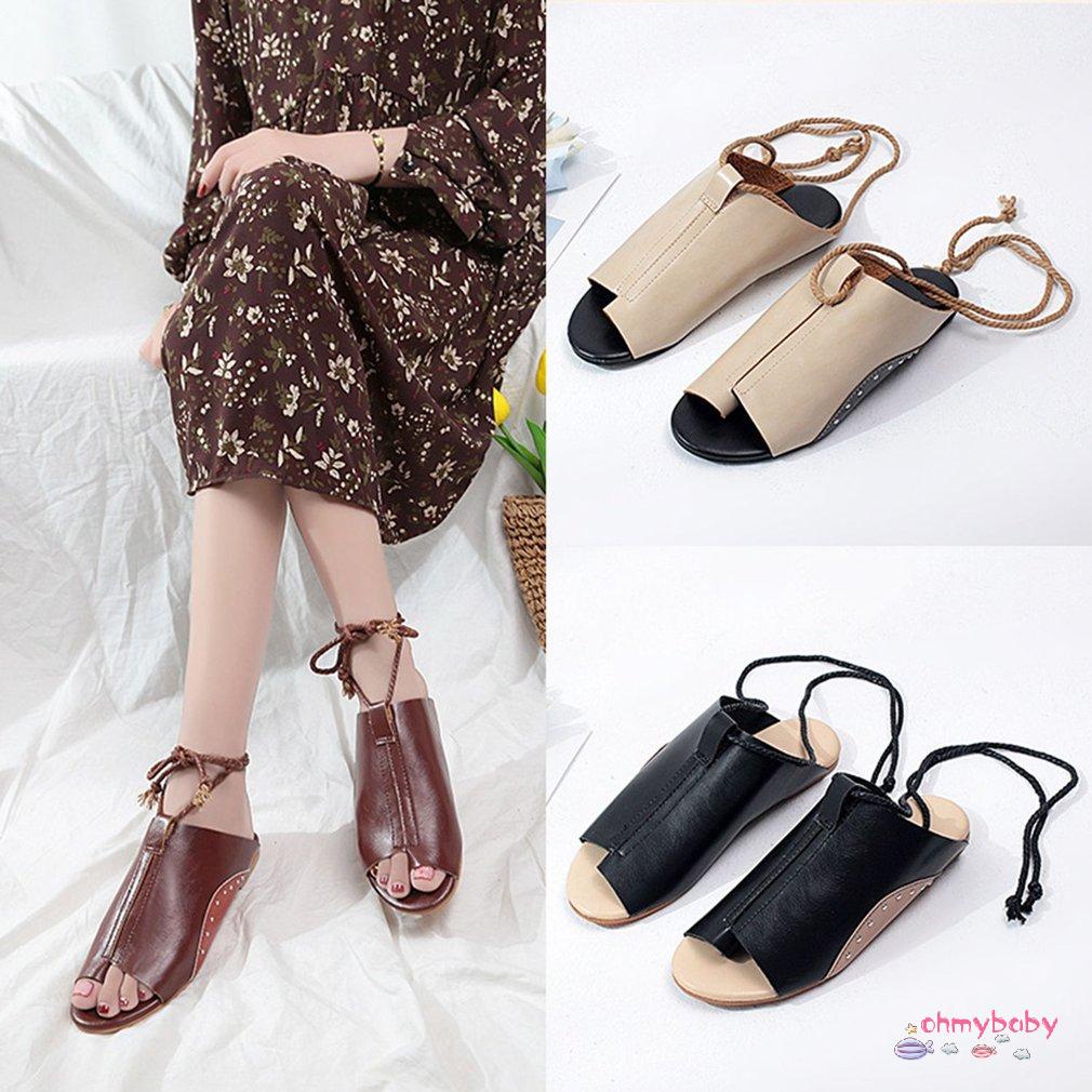 【OMB】 Summer Women Slippers Beach Shoes Open Toe Flat Slip-on Ankle Bandage Sandals