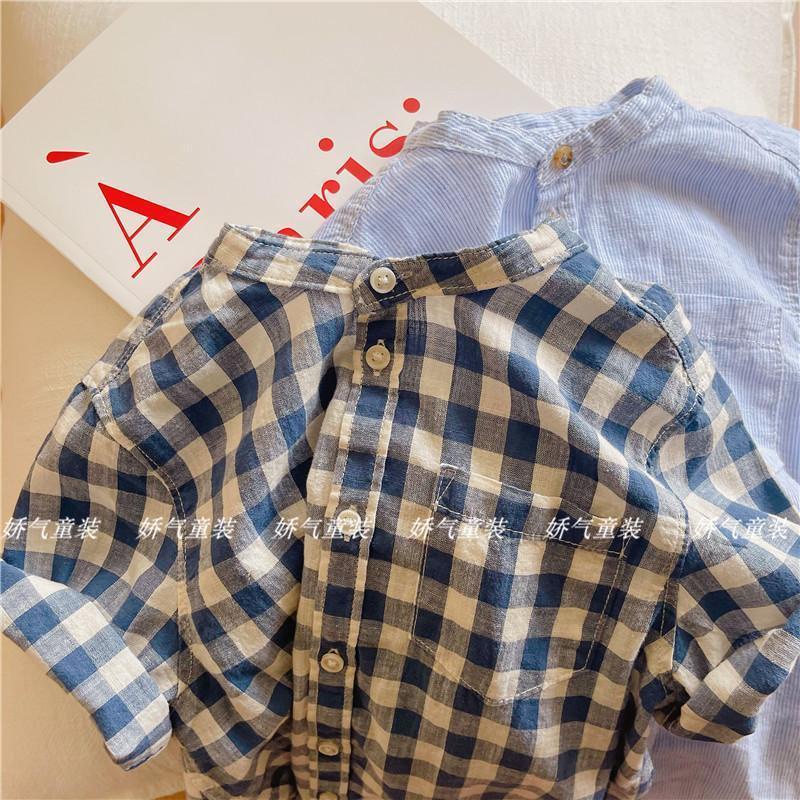 Áo Sơ Mi Cotton Ngắn Tay Cổ Đứng Họa Tiết Kẻ Sọc Thời Trang Mùa Hè Cho Bé