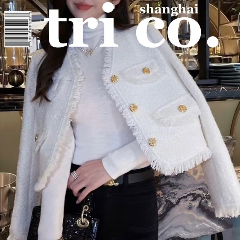 Áo Khoác Vải Tweed Cao Cấp Màu Trắng Phong Cách Pháp Sang Trọng Thời Trang Thu Đông Cho Nữ