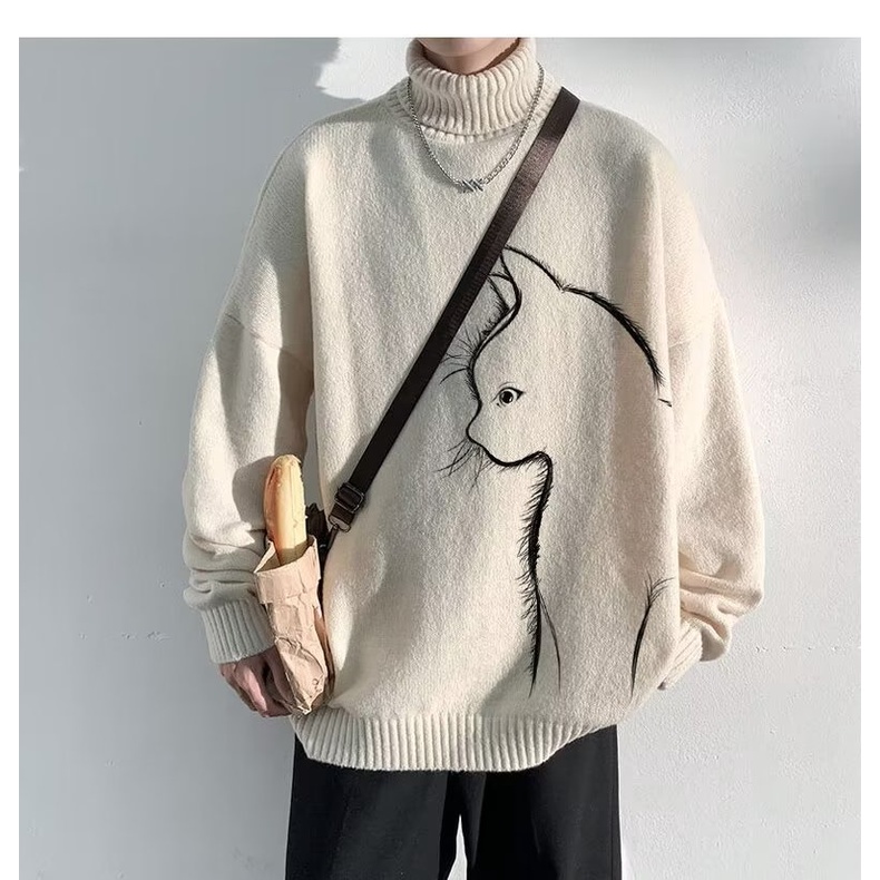 Áo Sweater Dệt Kim Dày Dặn Dáng Rộng Màu Đen Thời Trang Mùa Đông Cho Nam Giới