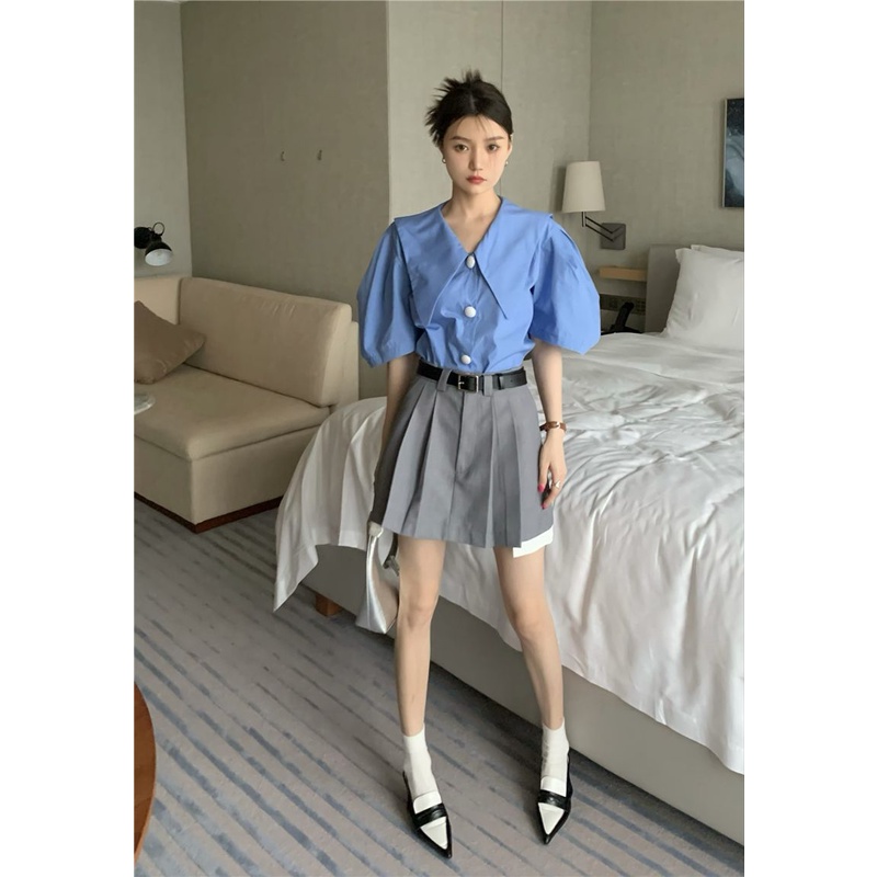 Bộ Áo Sơ Mi Tay Phồng + Chân Váy Xếp Ly Lưng Cao Phong Cách Pháp Thời Trang Mùa Hè Cho Nữ