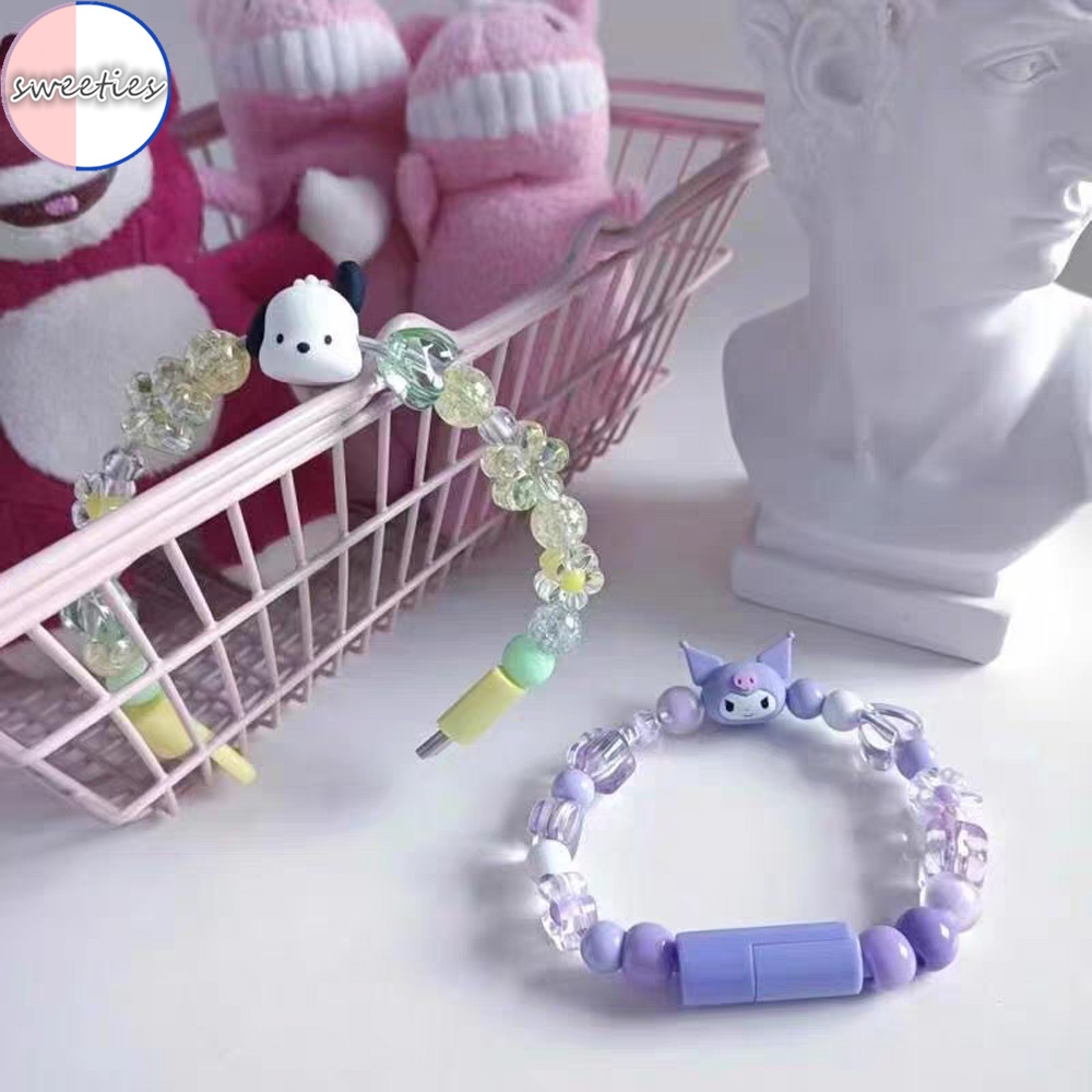 2 trong 1 sanrio kuromi phim hoạt hình hạt dễ thương sạc dữ liệu cáp usb vòng đeo tay phù hợp với ios type-c