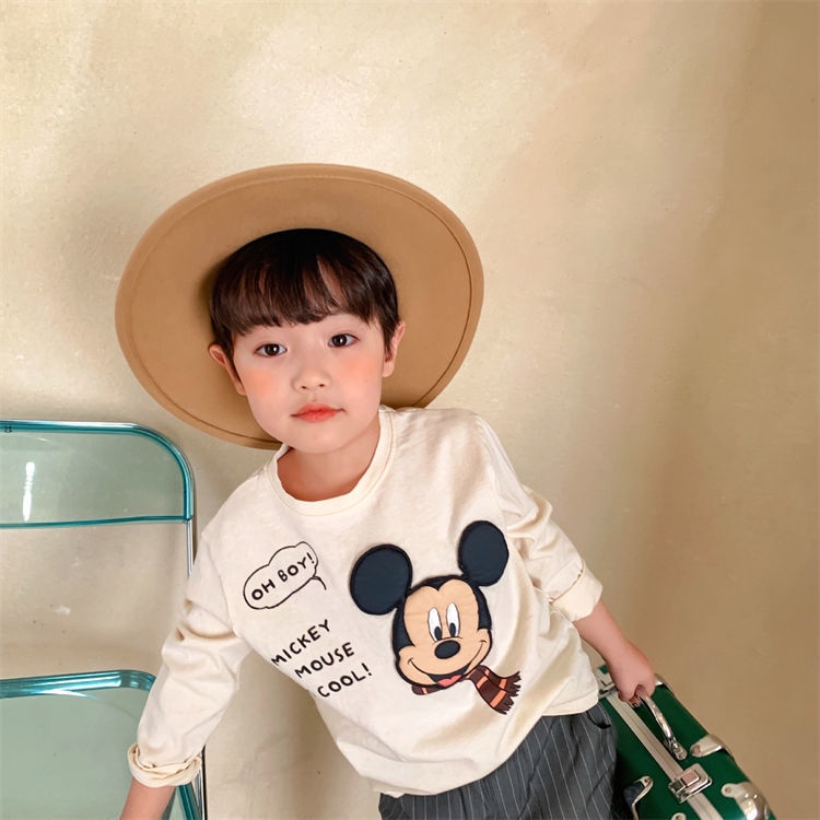 T-shirt trẻ em mùa thu mới bé trai và bé gái phim hoạt hình chuột vá bông dài tay áo chui đầu cho bé