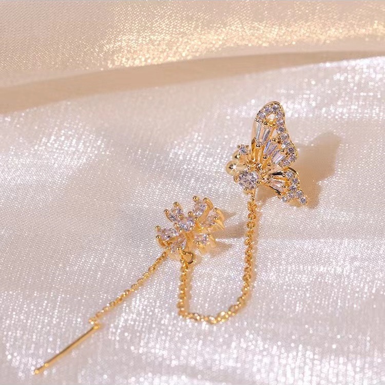 Sáng bóng zircon bướm tai cuff màu vàng tua kẹp trên bông tai cho phụ nữ phong cách hàn quốc bông tai hoa không xỏ khuyên trang sức ryvn