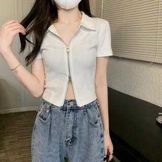 Áo Thun Polo Ngắn Tay Ôm Dáng Phối Khóa Kéo Đôi Thời Trang Hàn Quốc Cho Nữ