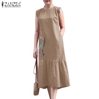 Zanzea phụ nữ hàn quốc có túi fly tay áo thêu hem ruffle váy không tay