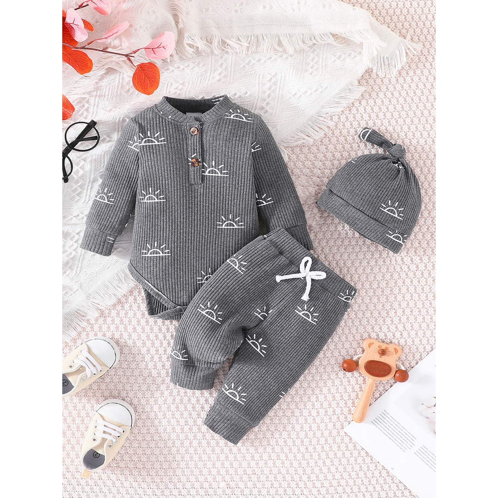 Combo bộ đồ bé Trai Gái 0-18 tháng dài tay in hình mặt trời bodysuit liền thân quần dài có mũ set thời trang cho bé trẻ em sơ sinh
