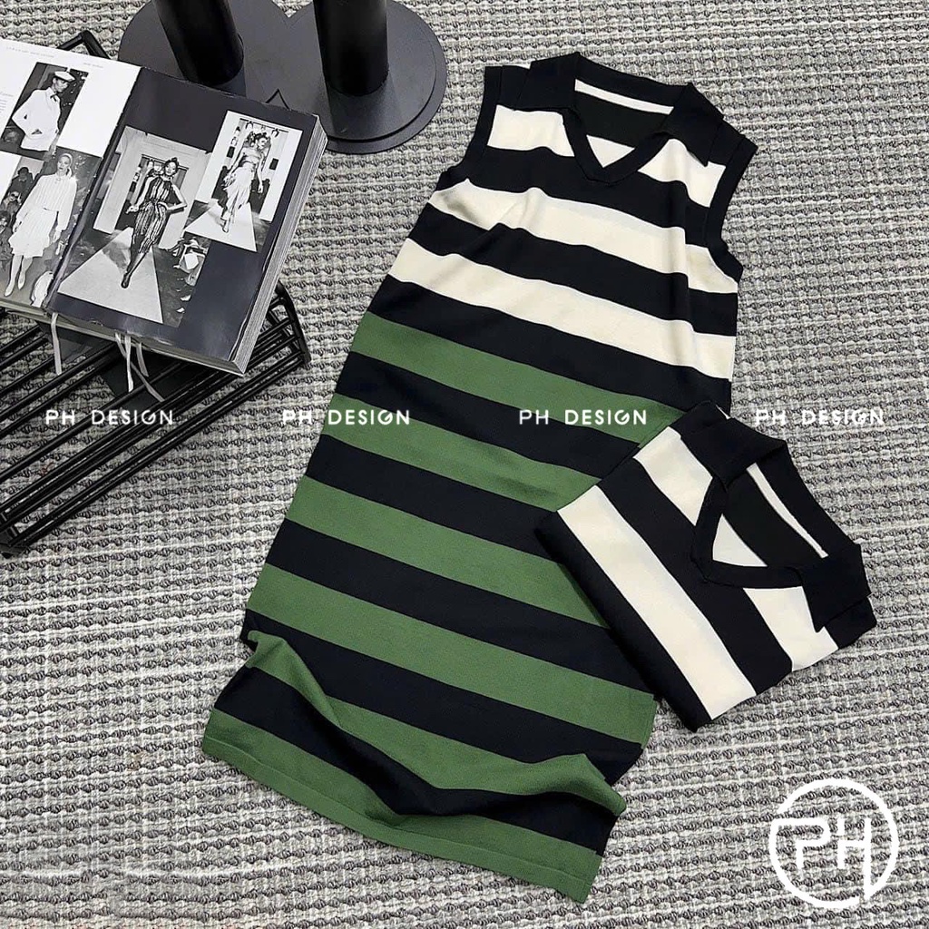 Váy len kẻ ngang pha màu hàng QC