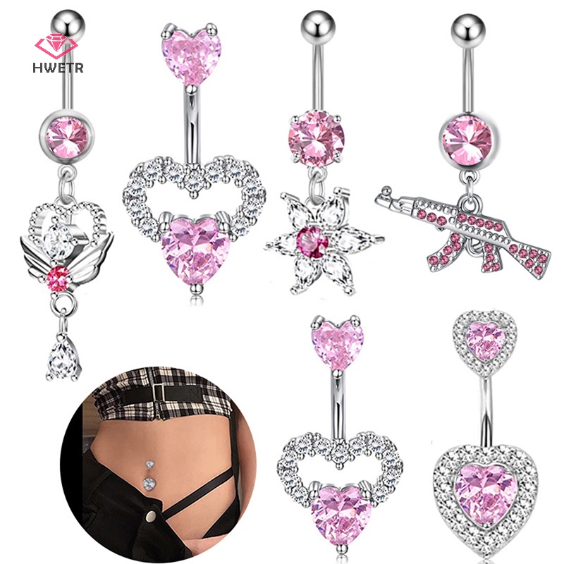 Khuyên rốn HWETR kiểu khóa trái tim đính đá zircon thời trang dành cho nữ