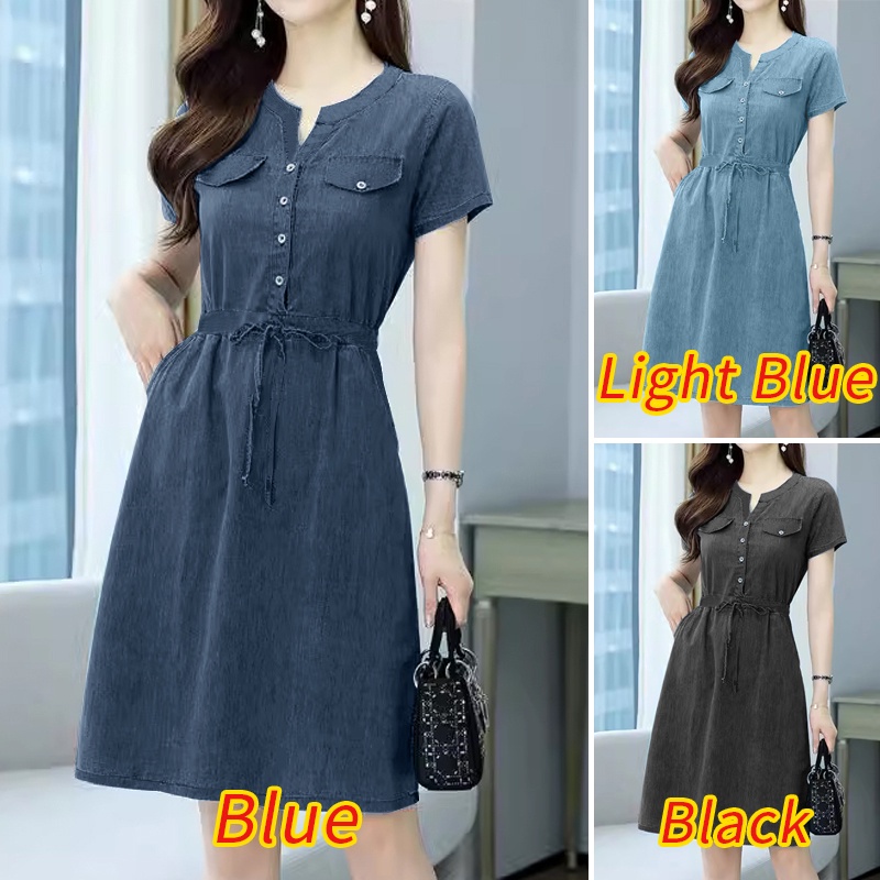 Zanzea phụ nữ hàn quốc tay ngắn v-cổ eo dây rút váy denim | BigBuy360 - bigbuy360.vn